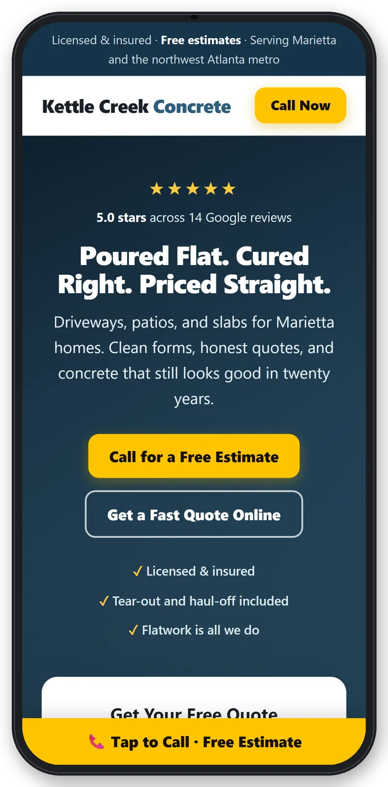 Concrete company website shown on a phone