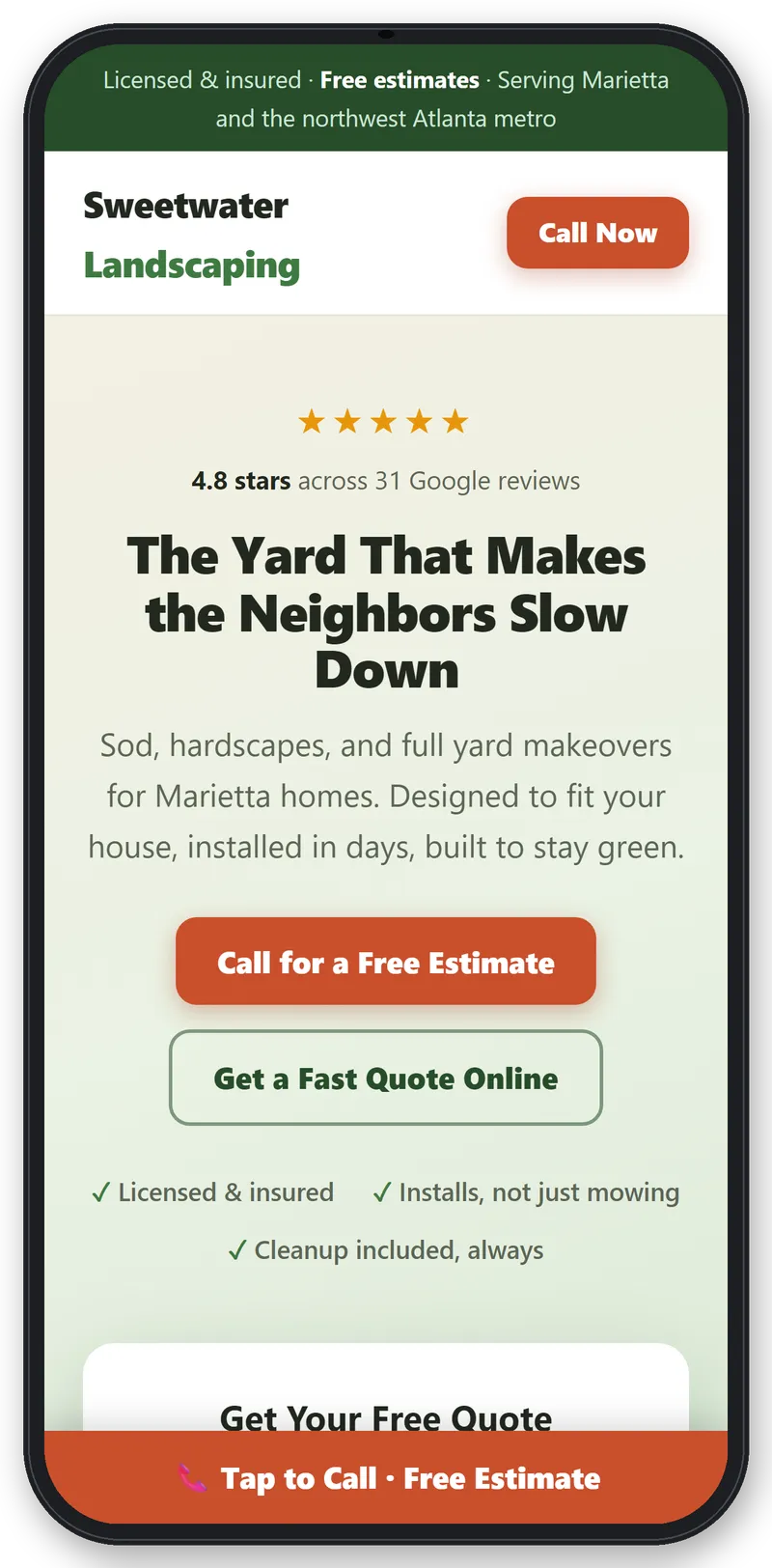 Landscaping company website shown on a phone