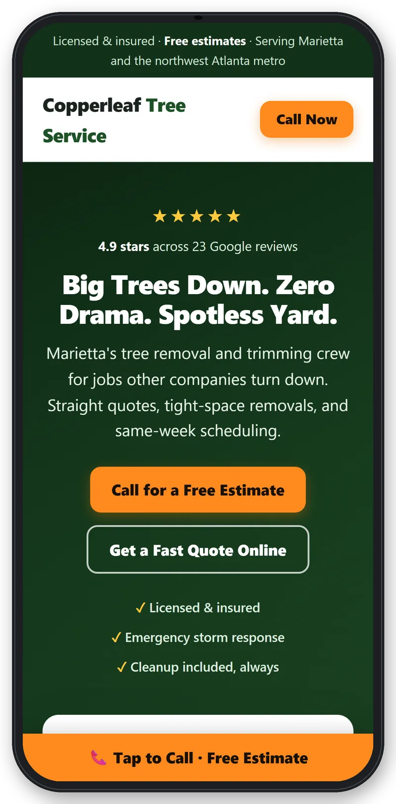 Tree service website shown on a phone, with a tap to call bar at the bottom