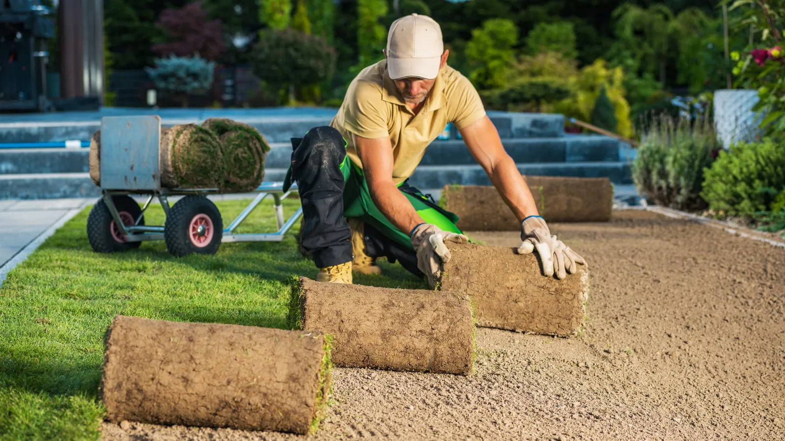 Landscaper installing rolls of fresh sod in a backyard